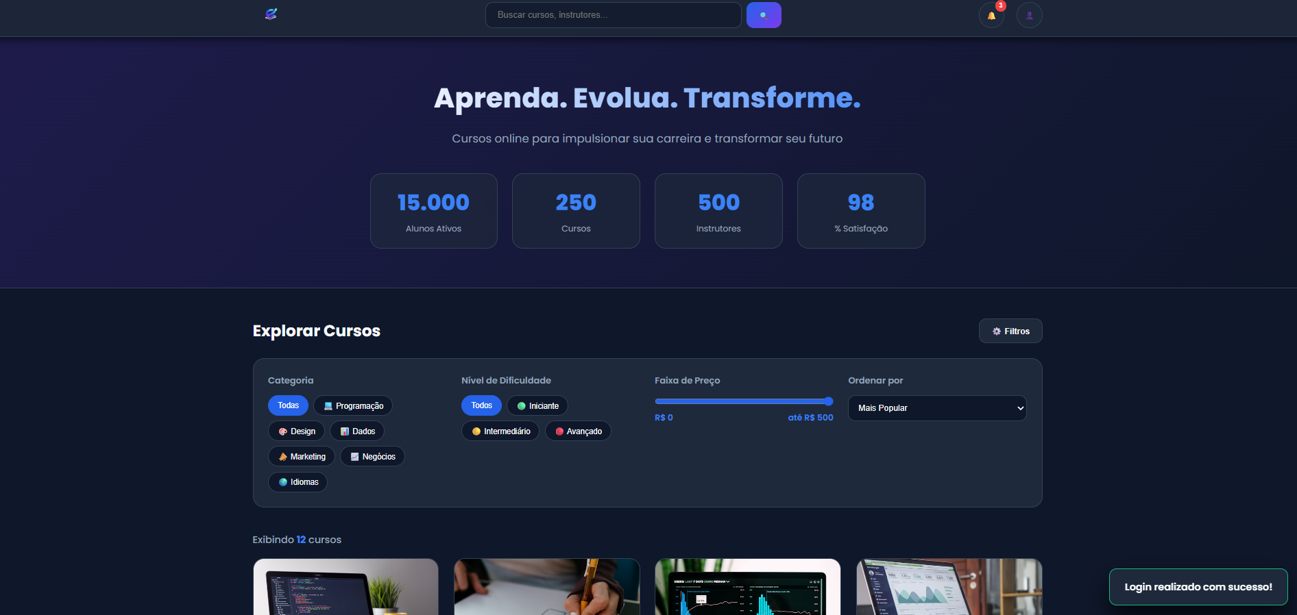 Tela da plataforma Evolui